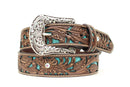 A women's Ariat belt with a brown leather strap featuring turquoise inlay and a silver detachable buckle.