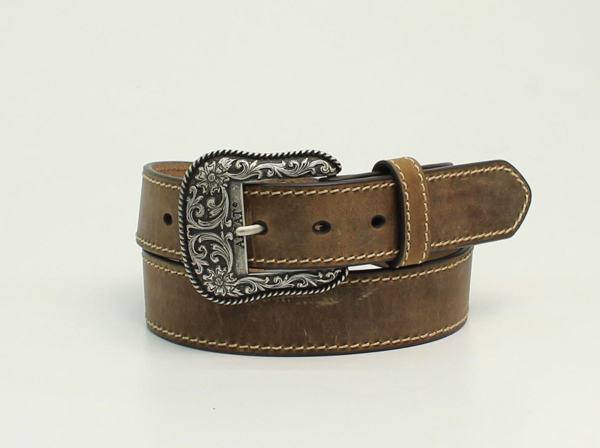 Women's Ariat brown leather western style belt with a floral silver buckle front view