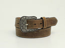 Women's Ariat brown leather western style belt with a floral silver buckle front view