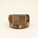 A brown digital camo western belt with a silver-colored USA flag buckle and aged bark overlay tabs.