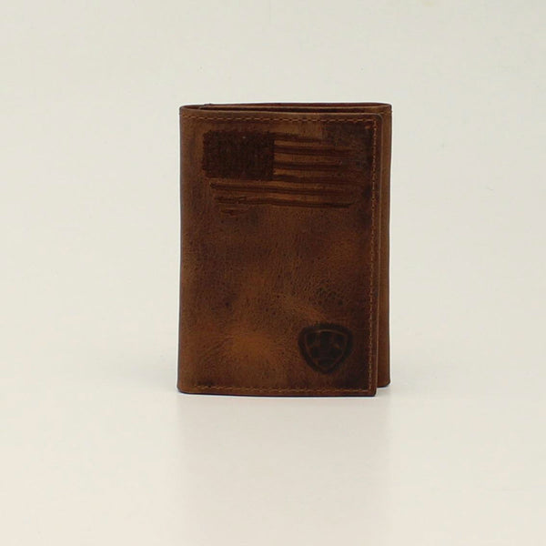 Ariat A3545402 Trifold Distressed Stitched USA Flag Shield Logo Brown Wallet