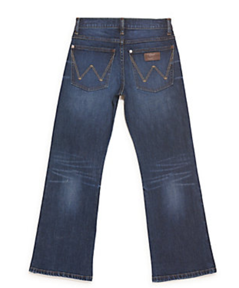 A pair of Wrangler boys' retro relaxed fit bootcut jeans, displaying the back view with two back pockets.