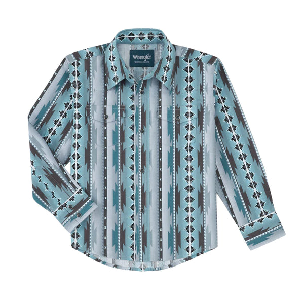Boy's Wrangler 112316670 Checotah Aztec Print Blue/Tan Western Snap Long Sleeve Shirt