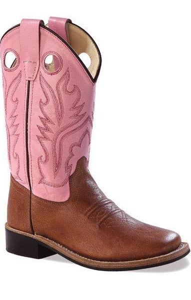 Children's Old West Tan w/Pink Top Wide Square Toe Boot