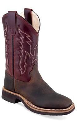 Youth Old West BSY1889 Chocolate w/Burgundy Top Wide Square Toe Boot