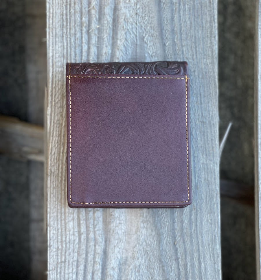 Top Notch Accessories Embossed Praying Cowboy Design on Coffee Brown Leather Bifold Wallet with Turquoise Inlay. Rear View
