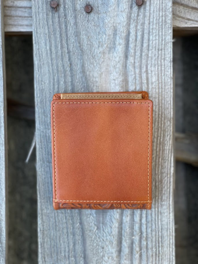 Light Brown and Turquoise inlay leather bifold wallet with embossed Praying Cowboy design. Rear View