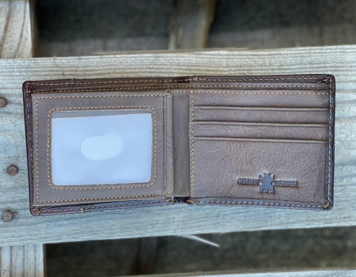 Coffee Brown leather bifold wallet with embossed Rooster design and a beige inlay.  Inside view showing multiple card slots and a dual ID window. 