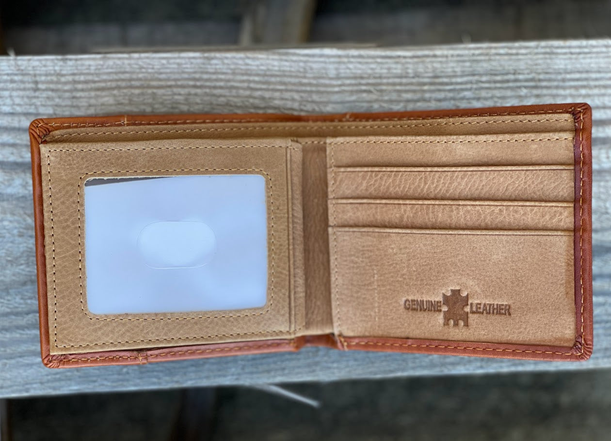Light Brown and Turquoise inlay leather bifold wallet with embossed Praying Cowboy design. Inside view showing multiple card slots and ID window. 