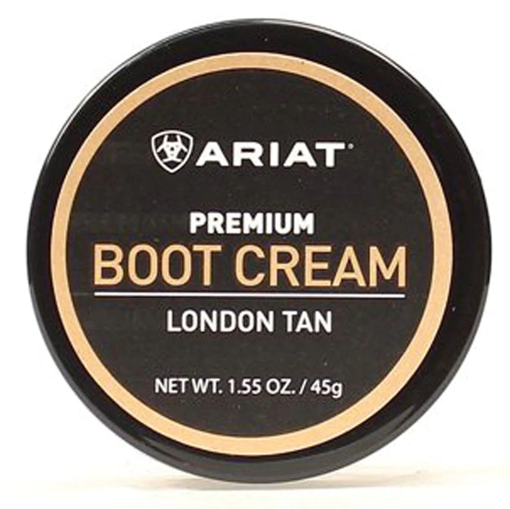 A container of Ariat premium london tan boot cream. Front view.