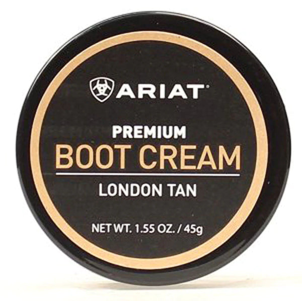 A container of Ariat premium london tan boot cream. Front view.