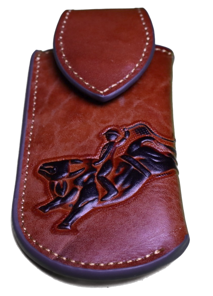 Brown leather knife sheath with a embossed Bull Rider design. It has a keep closure and a belt loop attachment. Close up front view. 