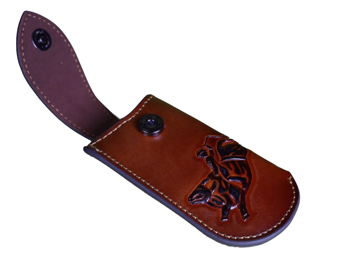 Brown leather knife sheath with a embossed Bull Rider design. It has a keep closure and a belt loop attachment. Side view showing keep opened. 