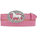 Children's pink Western style leather belt with silver oval shaped horse buckle. Front View