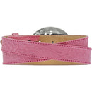 Children's pink Western style leather belt with silver oval shaped horse buckle. Rear View