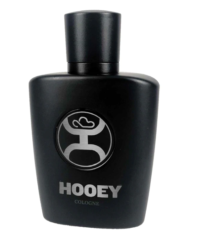 A black bottle of Hooey Men's Black Cologne with a silver logo on the label. Front View