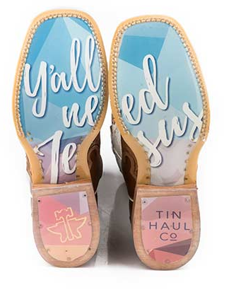 Women's Tin Haul 14-021-0077-1415 "Ya'll Need Jesus" Brown Wide Square Toe (Call to check size availability) Use Code TINHAUL20 to save $20 OFF. AS IS