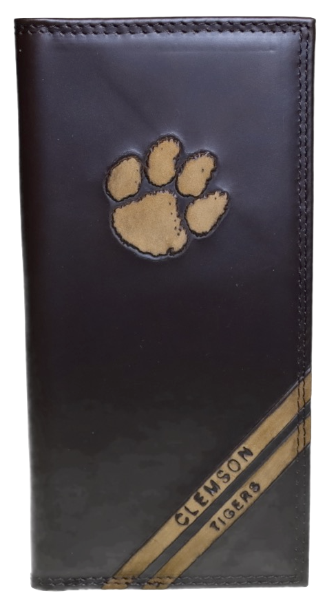 Zep-Pro Leather Clemson University Tigers Brown Debossed Tall Wallet featuring the Tiger Paw logo near the wallet top in debossed design. Two debossed stripes angled on the bottom right read Clemson Tigers. Front view