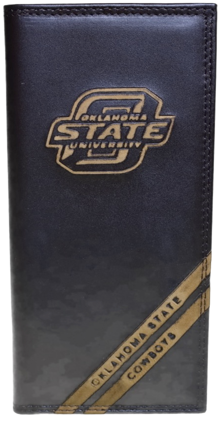 A Zep-Pro Brown Debossed Leather Tall Wallet leather featuring the Oklahoma State University logo near the wallet top in debossed design. Two debossed stripes angled on the bottom right read Oklahoma State
Cowboys. Front view