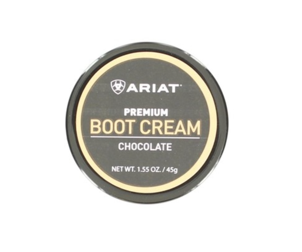 A container of Ariat premium chocolate boot cream. Front view.