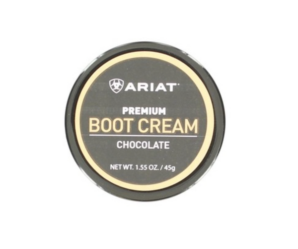 A container of Ariat premium chocolate boot cream. Front view.