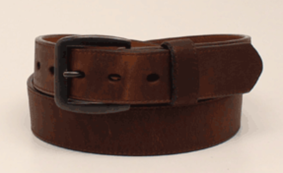 A brown full grain leather belt with a removable antique silver buckle.
