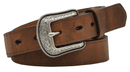 Youth size brown distressed leather belt with silver tone western buckle.
