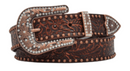 A dark brown full-grain leather belt with floral embossing, antique copper tone studs, and a removable buckle with clear crystals.