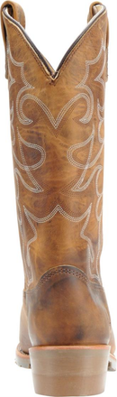 A brown Double H men's 12-inch Dylan Western work boot with a round toe and a low heel. Rear view