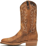 A brown Double H men's 12-inch Dylan Western work boot with a round toe and a low heel. Single boot view from side