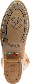 A brown Double H men's 12-inch Dylan Western work boot with a round toe and a low heel. Outsole view
