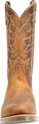 A brown Double H men's 12-inch Dylan Western work boot with a round toe and a low heel. Front view