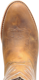 A brown Double H men's 12-inch Dylan Western work boot with a round toe and a low heel. Close up view of toe. 