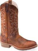 A brown Double H men's 12-inch Dylan Western work boot with a round toe and a low heel. Single boot side view