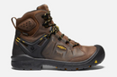 Keen Men's Dover 6 inch waterproof boots with carbon-fiber toe in dark earth and black. The boots have lace-up closure and a rubber outsole.  Single boot side view. 