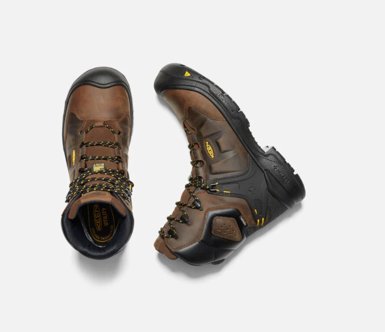Keen Men's Dover 8 inch waterproof boots with carbon-fiber toe in Dark Earth and Black color, featuring a lace-up closure and a rubber outsole. Showing boots from top and side. 
