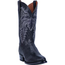 A profile view black lizard pattern Dan Post cowboy boot with a round toe and a heel, featuring a leather lining and a removeable orthotic.