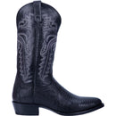 A side view black lizard pattern Dan Post cowboy boot with a round toe and a heel, featuring a leather lining and a removeable orthotic.