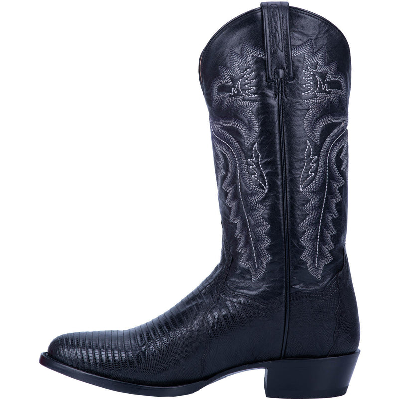 A instep side view black lizard pattern Dan Post cowboy boot with a round toe and a heel, featuring a leather lining and a removeable orthotic.