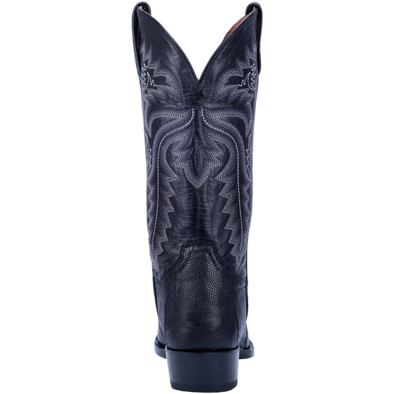 A heel view black lizard pattern Dan Post cowboy boot with a round toe and a heel, featuring a leather lining and a removeable orthotic.
