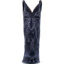 A front view black lizard pattern Dan Post cowboy boot with a round toe and a heel, featuring a leather lining and a removeable orthotic.