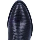 A toe view black lizard pattern Dan Post cowboy boot with a R round toe.