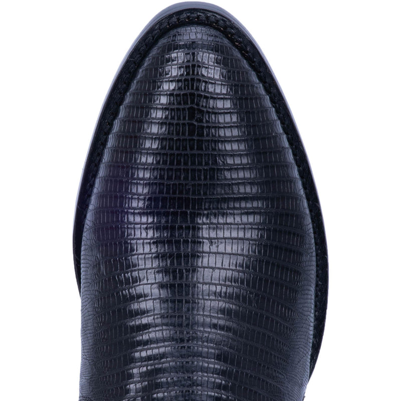 A toe view black lizard pattern Dan Post cowboy boot with a R round toe.