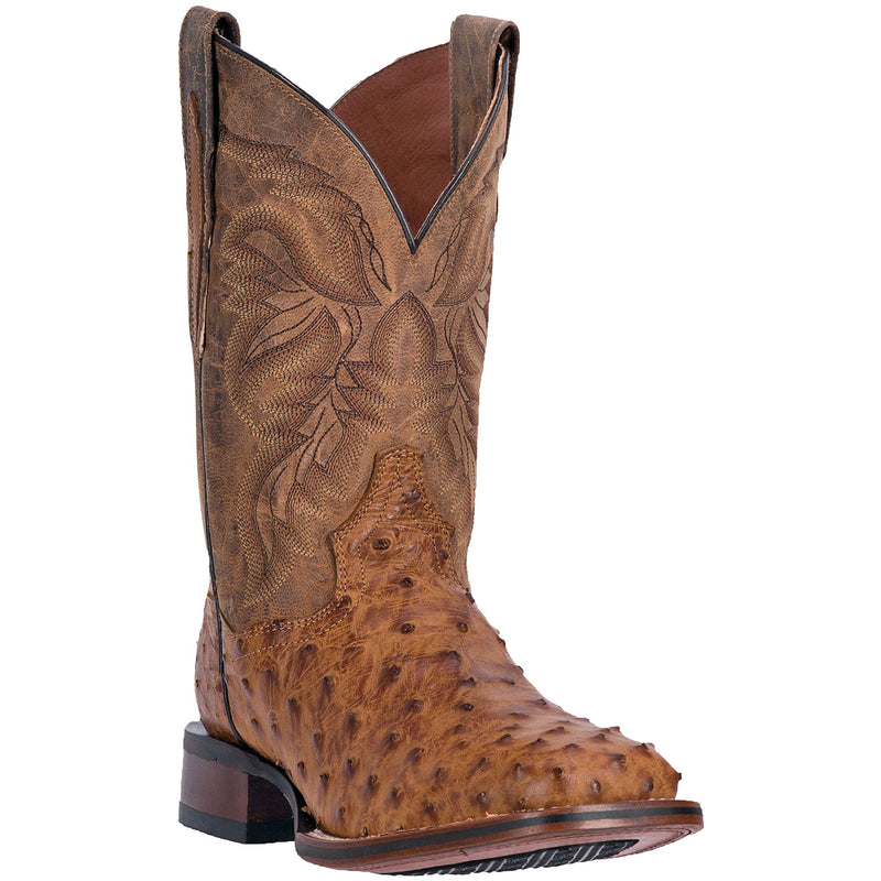 A profile view of the brown Dan Post Alamosa saddle tan full quill ostrich boot with a square toe.