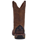 A back view of a brown, leather, men's square toe Dan Post boot with a rubber outsole and a lace-up closure.