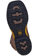 A outsole view of a brown, leather, men's square toe Dan Post boot with a rubber outsole and a lace-up closure.