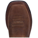 A toe view of a brown, leather, men's square toe Dan Post boot with a rubber outsole and a lace-up closure.