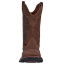 A front view of a brown, leather, men's square toe Dan Post boot with a rubber outsole and a lace-up closure.