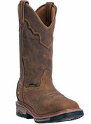 A profile view of a brown, leather Dan Post DP69482 men's boot with a square toe and steel toe protection.
