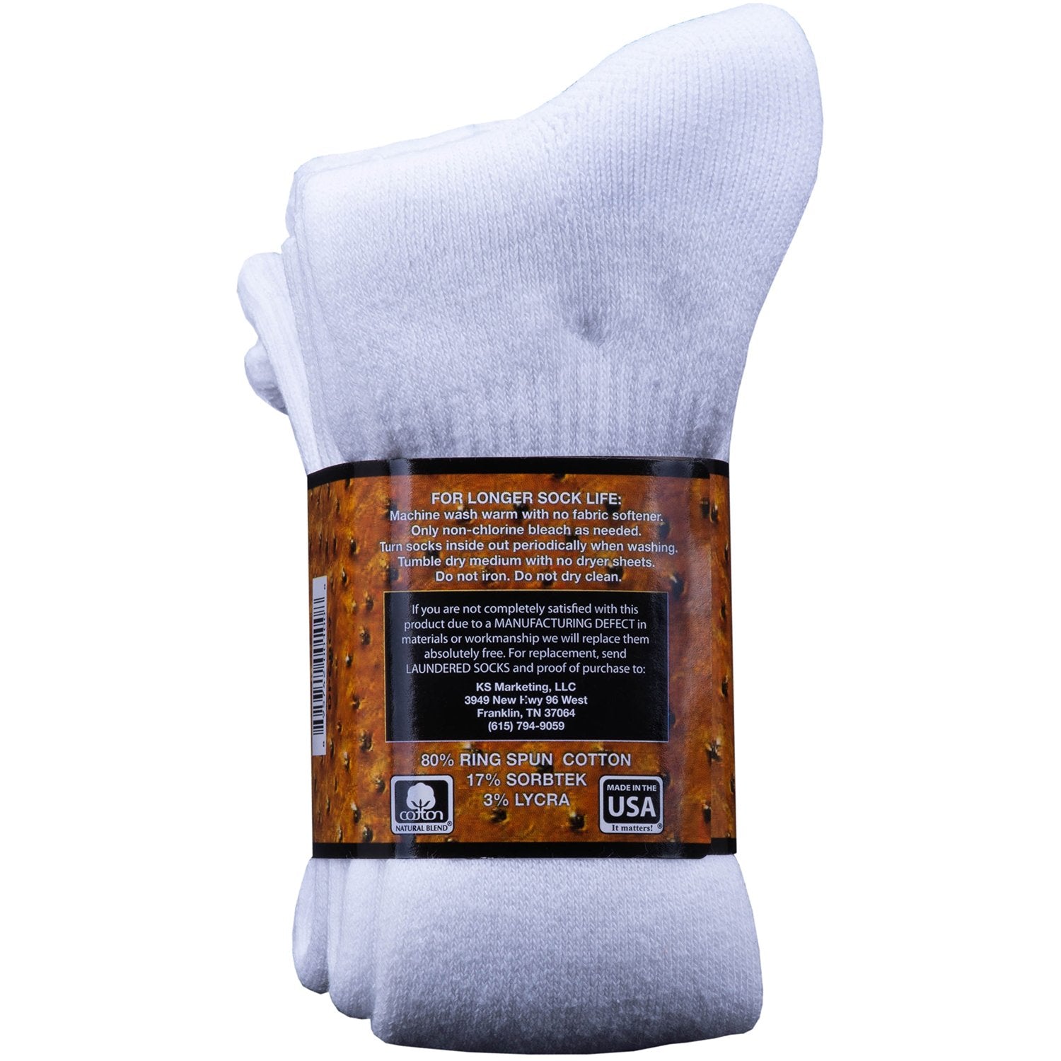 Mens Dan Post over-the-calf white boot socks with ribbed design, featuring anti-fatigue calf, ribbed support, and reinforced heel and toe. Rear view of package details showing two pair per pack. 